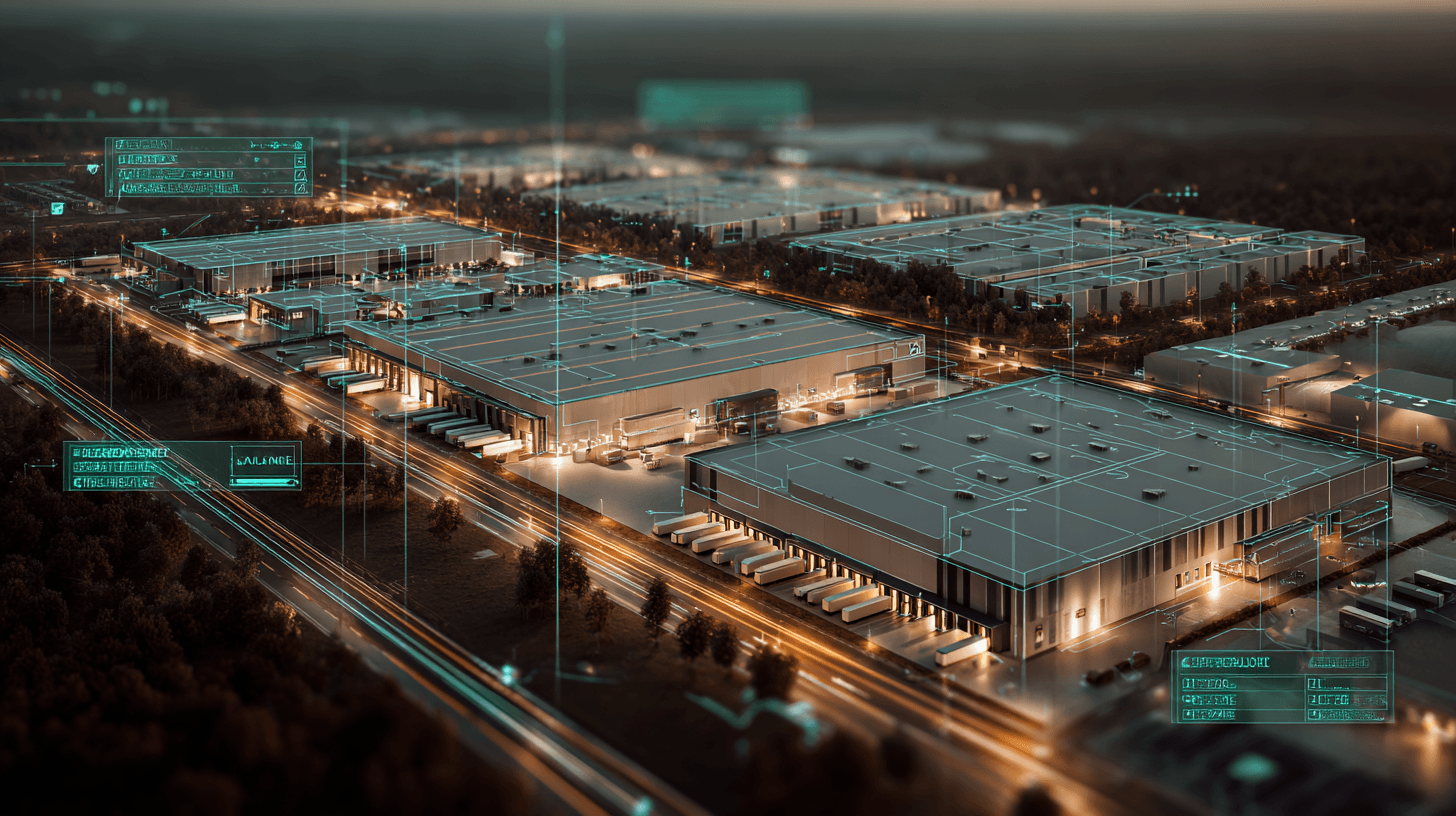 Aerial view of modern industrial warehouses for rent across a European logistics park