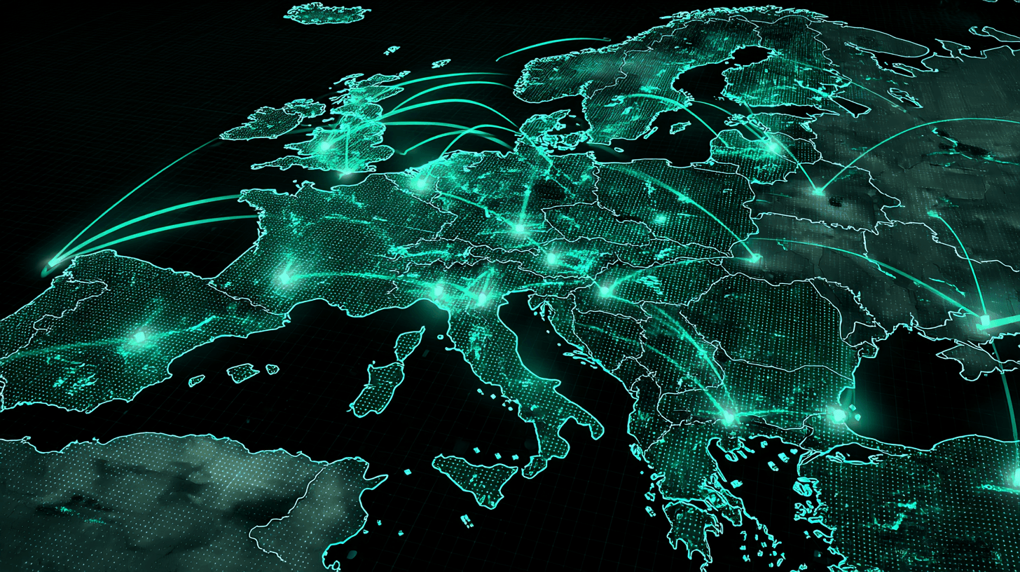 European map showing optimal warehouse hub locations with delivery radii