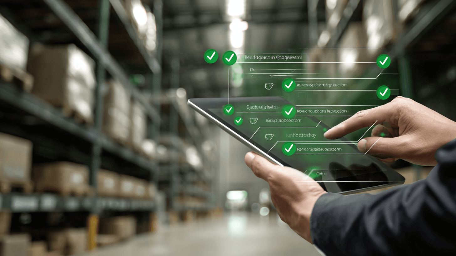 Operations manager ticking off a warehouse rental checklist on a clipboard