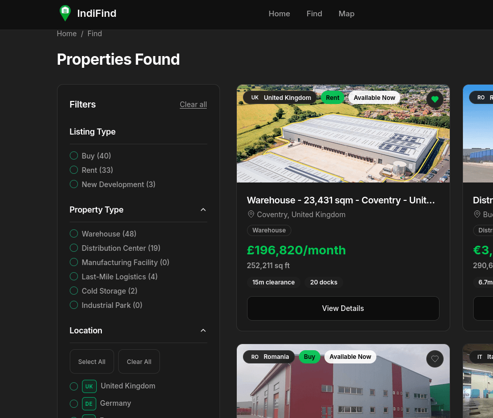 Map of Europe showing warehouse locations across multiple countries