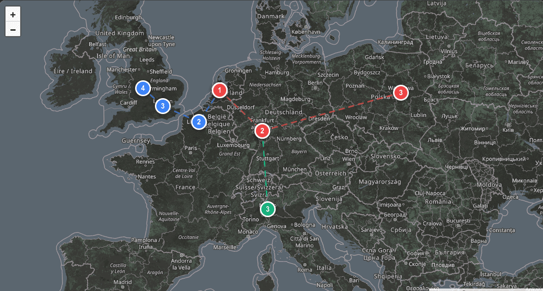 Interactive map showing supply chain routes connecting multiple European cities with warehouse locations