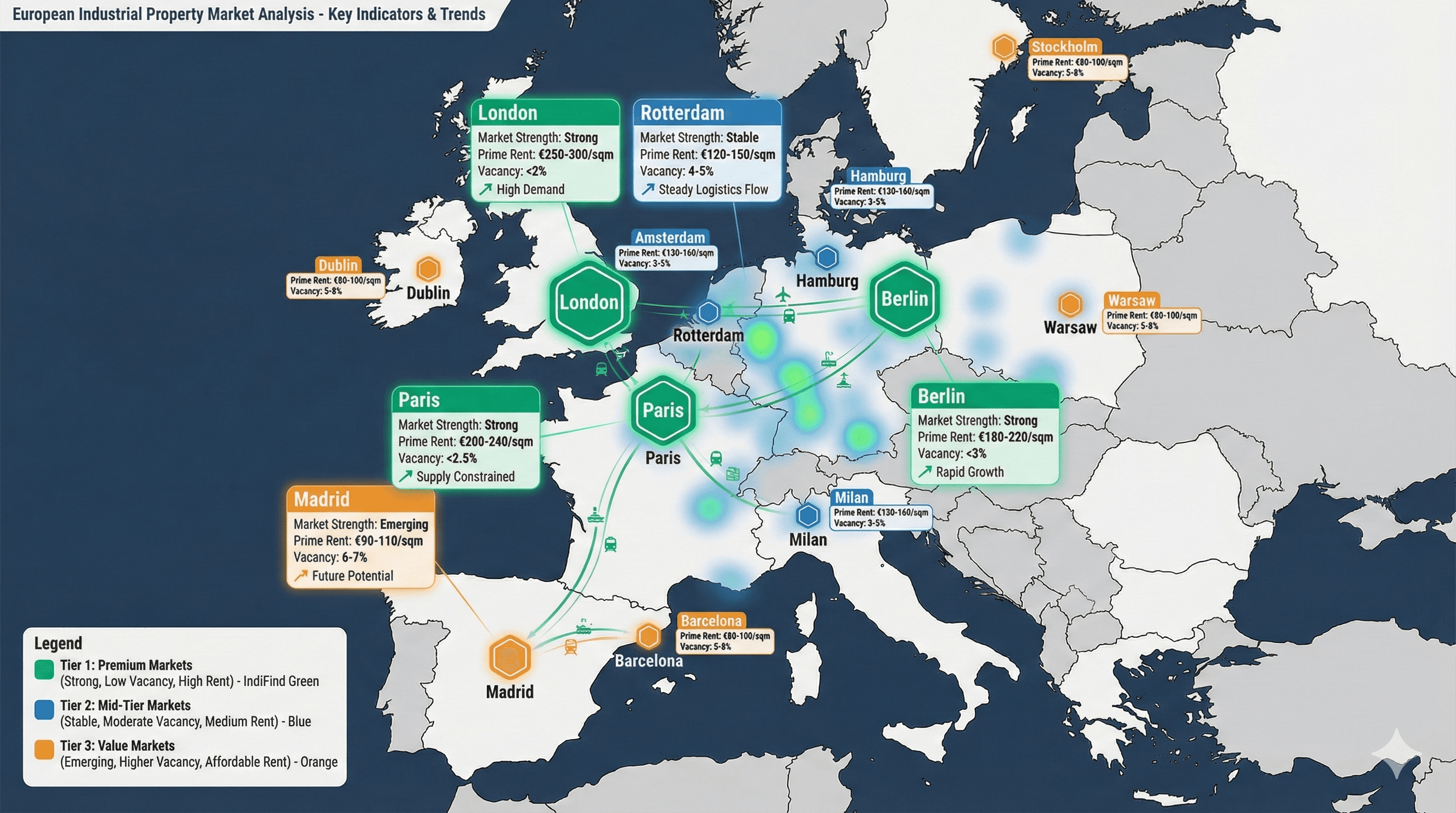 Map of Europe showing major industrial property markets with market indicators and pricing data