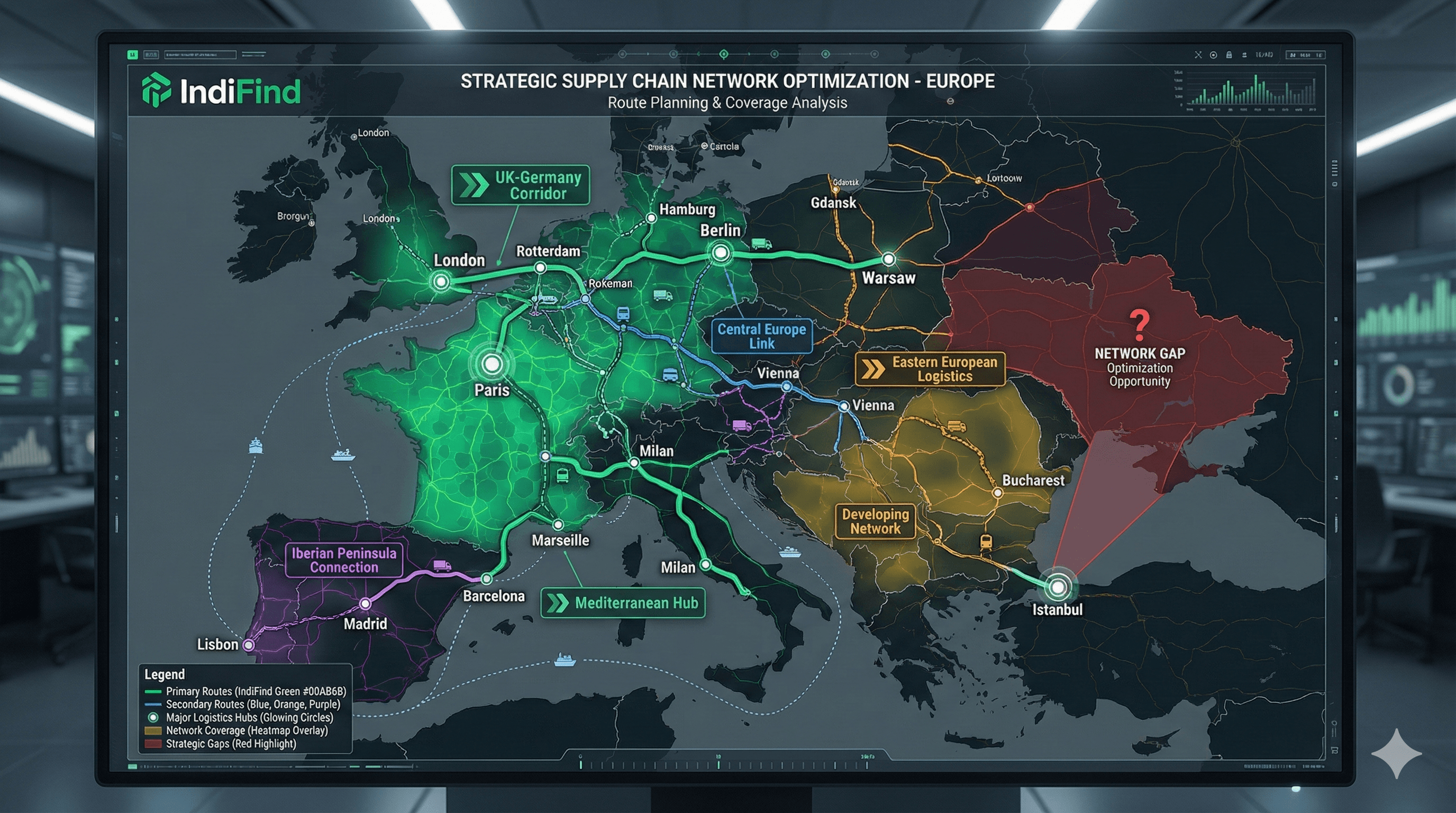 Strategic map showing supply chain route planning with multiple cities connected by routes and coverage analysis